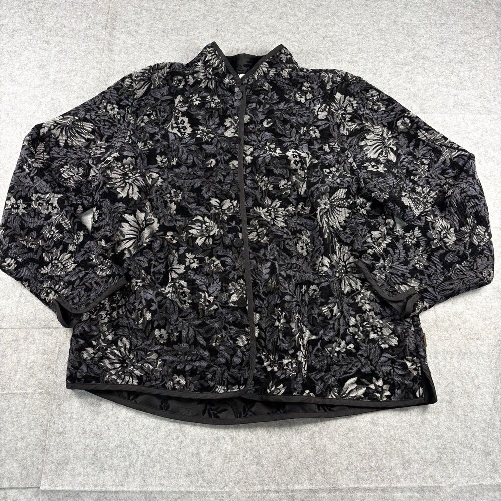 Vintage Coldwater Creek Reversible Black Floral Tapestry Button Jacket Womens L